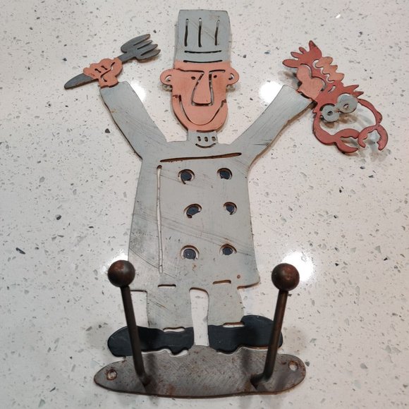 Laser Cut Metal Art Chef w/ Fork VS Lobster Towel Hooks 15" Rustic Shop Decor - Picture 7 of 16